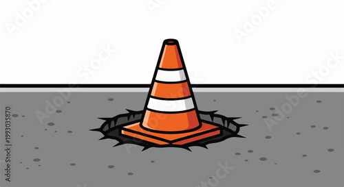 Orange traffic cone sits in a black-rimmed hole in grey pavement