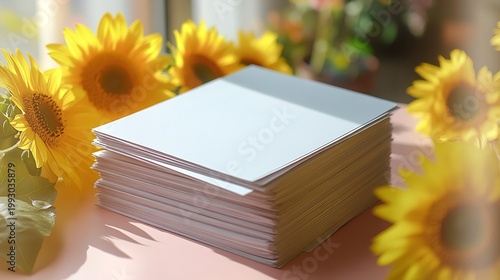 Stack of blank white paper sheets with bright sunflowers in soft sunlight