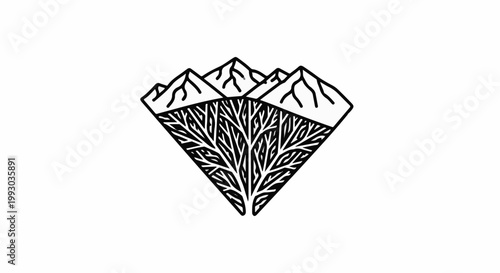 Geometric diamond shape enclosing stylized mountains and tree roots