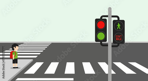 Child waits at crosswalk with traffic light showing red, ready to cross street
