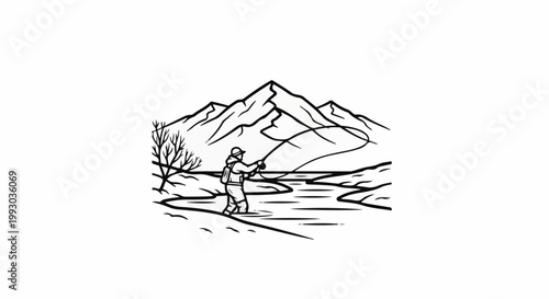 Fly fisherman casting line in river, mountains backdrop, bare trees nearby