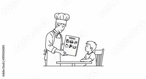 Chef showing menu to a child at a table