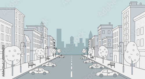 City Street Scene with Cars and Buildings, Sketch Style