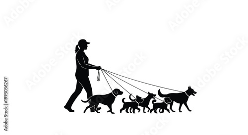 Dog walker, pet owner, silhouette illustration, black dogs, walking, pet care