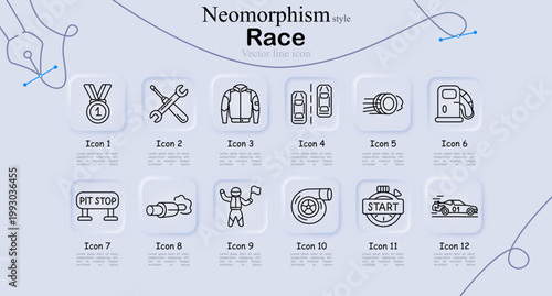 Race set icon. Medal, tools, racing suit, track cars, turbo engine, fuel pump, pit stop sign, exhaust smoke, flag signal, tire, start timer, race car speed line icons