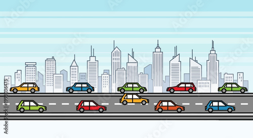 Cityscape Traffic Jam with Colorful Cars on Highway and Skyline Background