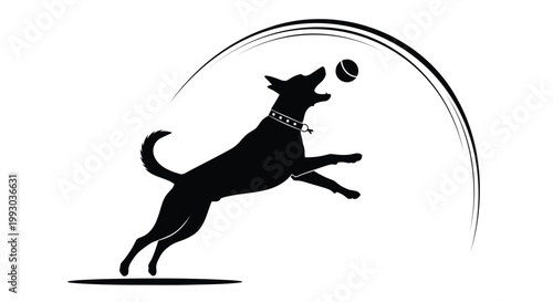 Black dog jumping, catching ball, dynamic pet silhouette, playful animal icon