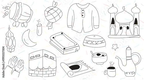 collection of hand-drawn black and white doodles illustrating symbols related to Islamic celebrations like Eid al-Fitr and Ramadan. 