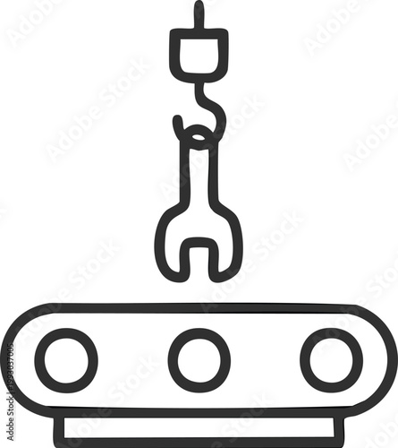 Minimal line icon of conveyor belt with hanging tool or product, line art