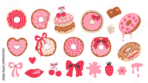 Pink Donut Vector Set. Hand Drawn Coquette Doughnut Elements with sprinkles and bow in flat style. Cute Girlie Bakery Pastry Items illustrations collection. 