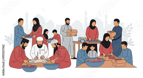 Community members collaborating to pack and distribute food aid during Ramadan, fostering generosity and togetherness