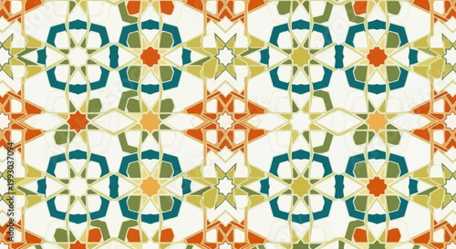 Seamless geometric pattern with star and octagonal motifs in teal, orange, and gold on a cream background, reflecting cultural aesthetic for decorative design