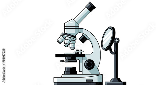 A microscope and a magnifying glass sit on a laboratory table for scientific analysis.