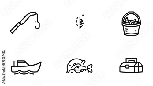 Fishing Icon Set: A collection of simple fishing icons, perfect for web, print, or any design project. Featuring essential fishing elements like a fishing rod, fish, bucket of fish, boat.