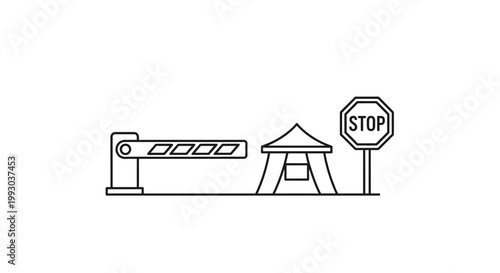 Stop sign and road barrier.