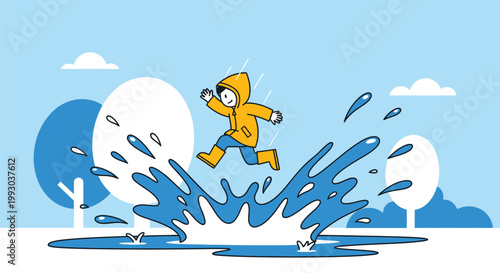 Kid in raincoat jumping into water puddle vector illustration splash day