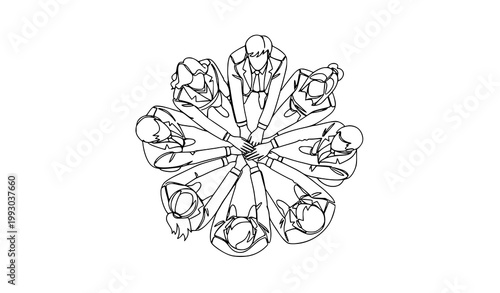 Continuous line drawing of business team joining hands in circle top view teamwork unity concept isolated on white background