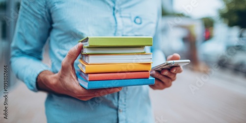 The Notebooks and Smartphone Held by a Person on a Busy Urban Street