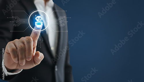 User interacting with a digital chatbot icon, representing artificial intelligence and customer service assistance