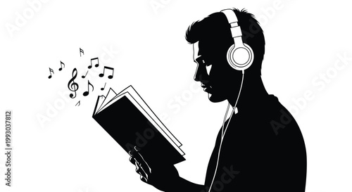 Audiobook, music, reading, man, silhouette, vector icon