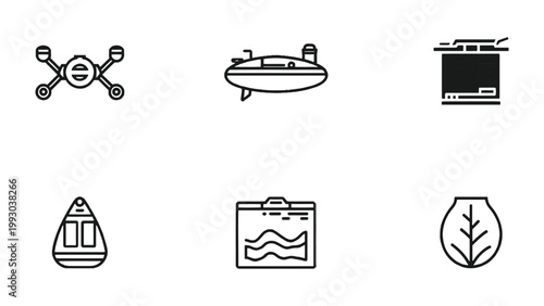 Tech Icons: A set of six modern, minimal icons representing futuristic technology and the digital world, perfect for tech-themed projects.