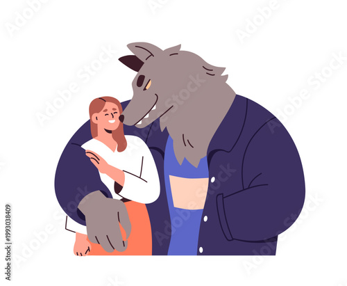 Unhealthy dangerous fake relationship concept. Love couple hugging, naive trustful woman in danger with bad unsafe insecure toxic partner. Flat vector illustration isolated on white background