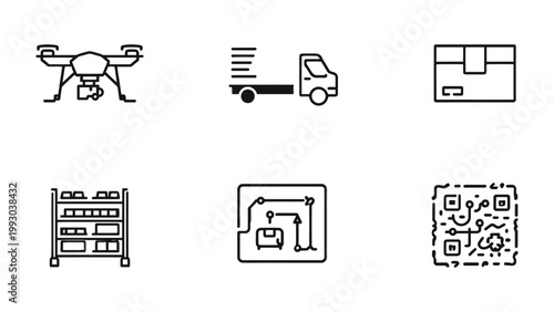 Supply Chain and Logistics Icons: A concise set of line icons encapsulates the core elements of the supply chain, delivery, and logistics.