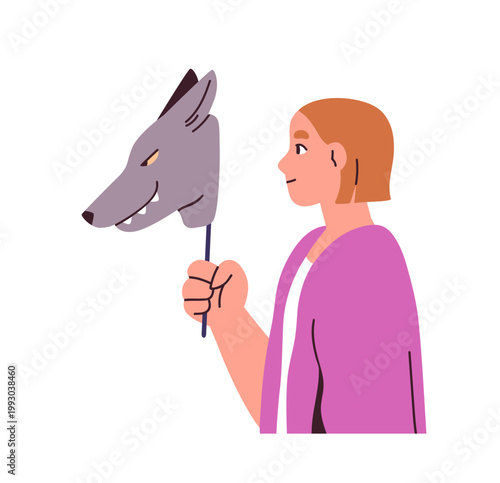 Woman hiding, covering face behind wolf animal mask. Concealing real identity, personality, pretending. Roleplay, protection, psychology concept. Flat vector illustration isolated on white background