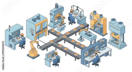 Isometric illustration depicting a modern automated manufacturing facility with workers