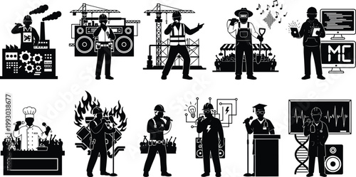 construction worker crane, farmer gardener shovel, machine learning computer, chef cooking stove, firefighter emergency flames