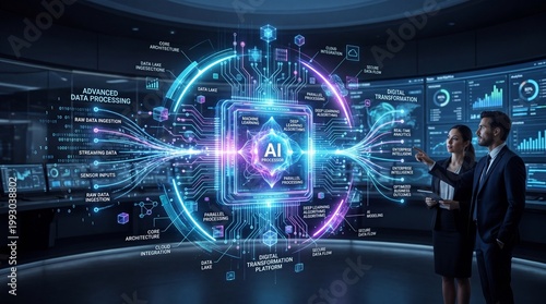 Holographic AI Processor Visualization Illustrating Advanced Data Processing and Digital Transformation for Enterprise Technology Solutions