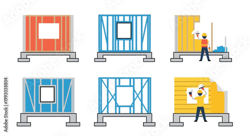 Construction stages of a house framing sheathing and worker illustrations