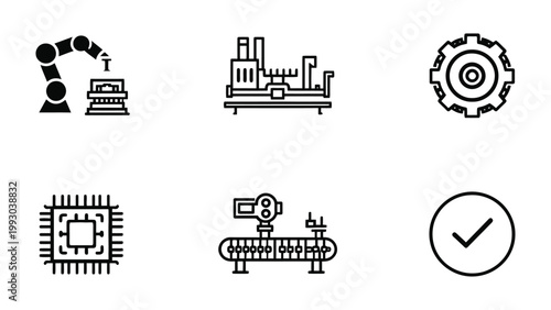 Technological Icons: A set of six modern linear icons representing the dynamic world of technology and industry.