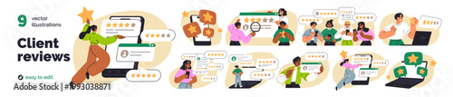 Customer feedback and client review concept set. People rank, share opinion, give star. Rating experience, satisfaction with business, service. Flat vector illustration isolated on white background