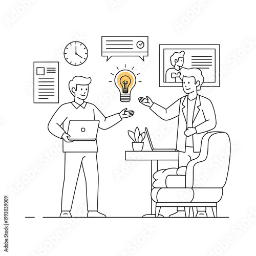 Line drawing of two businessmen discussing an idea with a lightbulb above a desk in a modern office setting with minimalistic style.