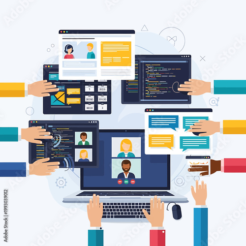 Flat lay illustration of multiple hands interacting with various digital devices and screens displaying coding, graphics, and communication elements on a white background with a tech-savvy