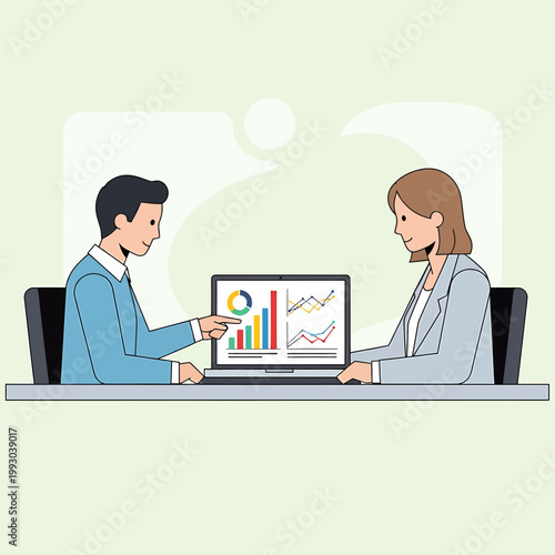 Two business professionals sitting at a desk discussing data on a laptop with colorful graphs and charts in a minimalist office setting.