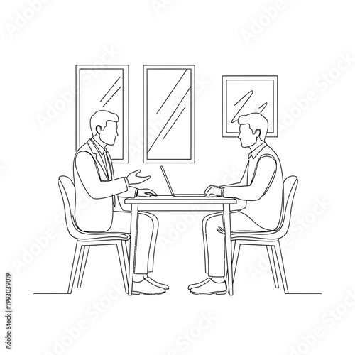 Line drawing of two businessmen sitting at a table with a laptop discussing in an office setting with minimalist decor.