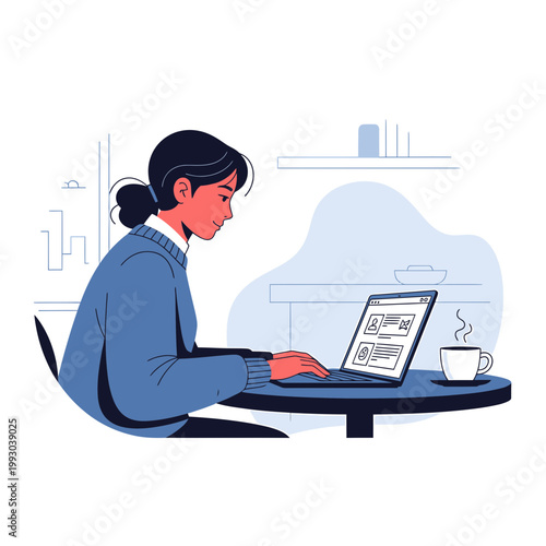 A woman sits at a table working on a laptop with a cup of coffee in a simple, modern setting.