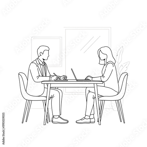 Line drawing of a man and woman sitting at a table with laptops in a minimalist office setting with a neutral mood.