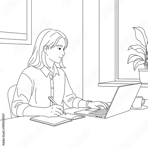 Line drawing of a focused businesswoman working on a laptop while taking notes in a bright office.