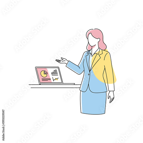 A faceless businesswoman in a blue and yellow outfit presenting a graph on a laptop screen with a simple line drawing style against a clean white background.