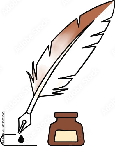 Quill pen, inkwell, vintage writing, literary tools, brown