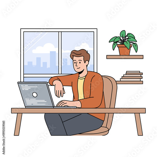 A man sits at a desk working on a laptop in a modern room with a city view and plants.