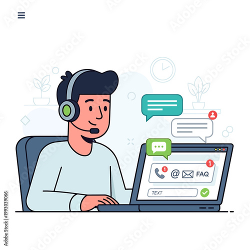 Cartoon illustration of a man wearing a headset sitting at a laptop with chat bubbles and a FAQ screen on the monitor against a clean white background.