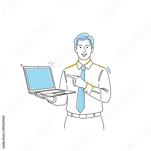 A smiling businessman in a white shirt and blue tie holds and points at a laptop with a light blue screen on a plain white background.