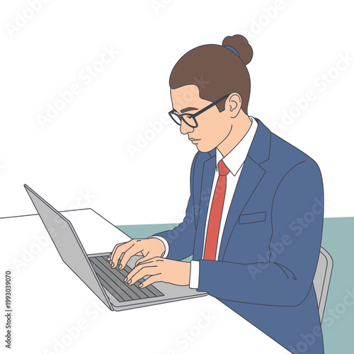 Illustration of a focused businesswoman working on a laptop in a simple office setting with a professional mood.