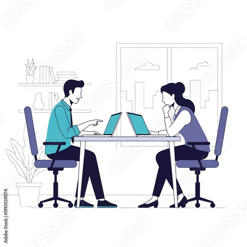 Two coworkers sitting at a desk with laptops in a modern office setting with a minimalist cityscape view.