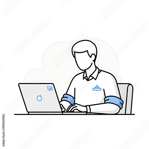 Line drawing of a man sitting at a desk working on a laptop with a simple, monochromatic design and a subtle background
