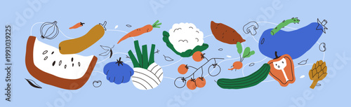 Vegetables composition in modern doodle drawn style. Healthy natural diet foo...